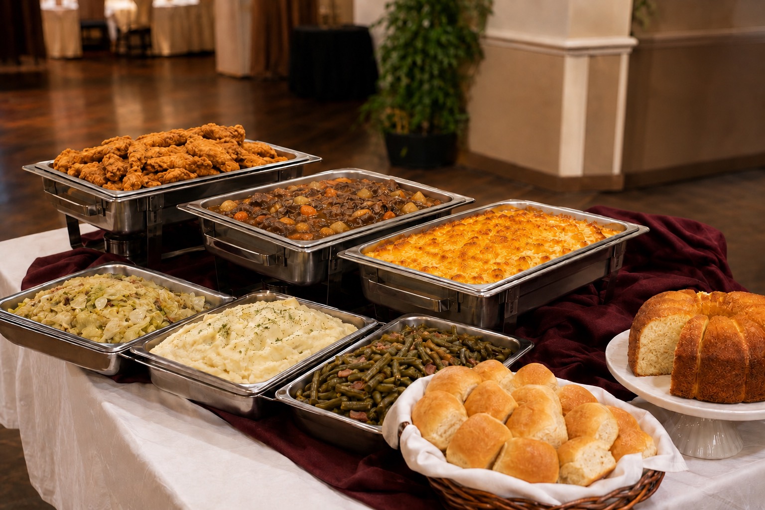 A Rollin' Trapp catering spread in chafing dishes: fried chick'n tenders, beef tips, baked macaroni and cheese, cabbage, mashed potatoes and green beans, with a basket of rolls and a pound cake.