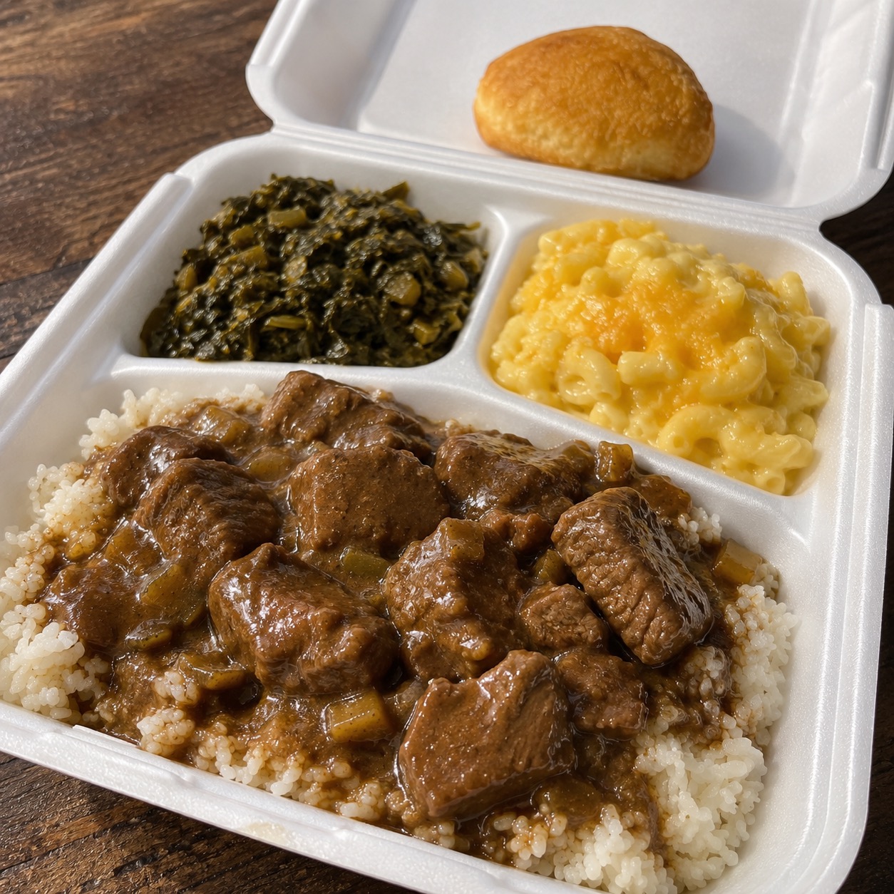 A Rollin' Trapp plate: smothered beef tips in gravy over rice, with collard greens, macaroni and cheese, and a fried biscuit.