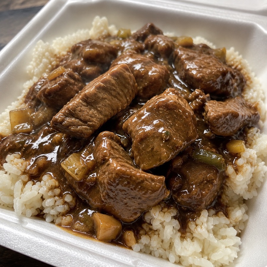 Smothered beef tips in rich brown gravy over white rice, served in a takeout tray.