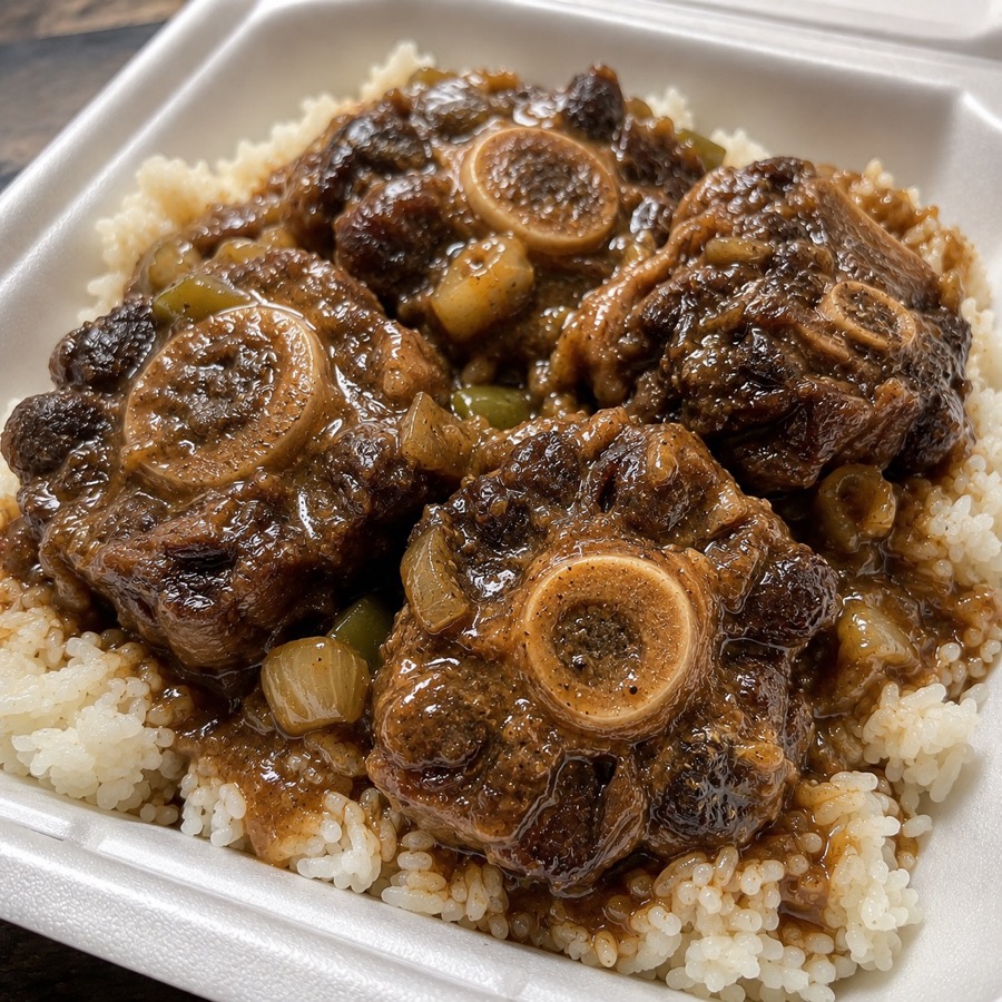 Smothered oxtails in rich gravy over white rice, served in a takeout tray.