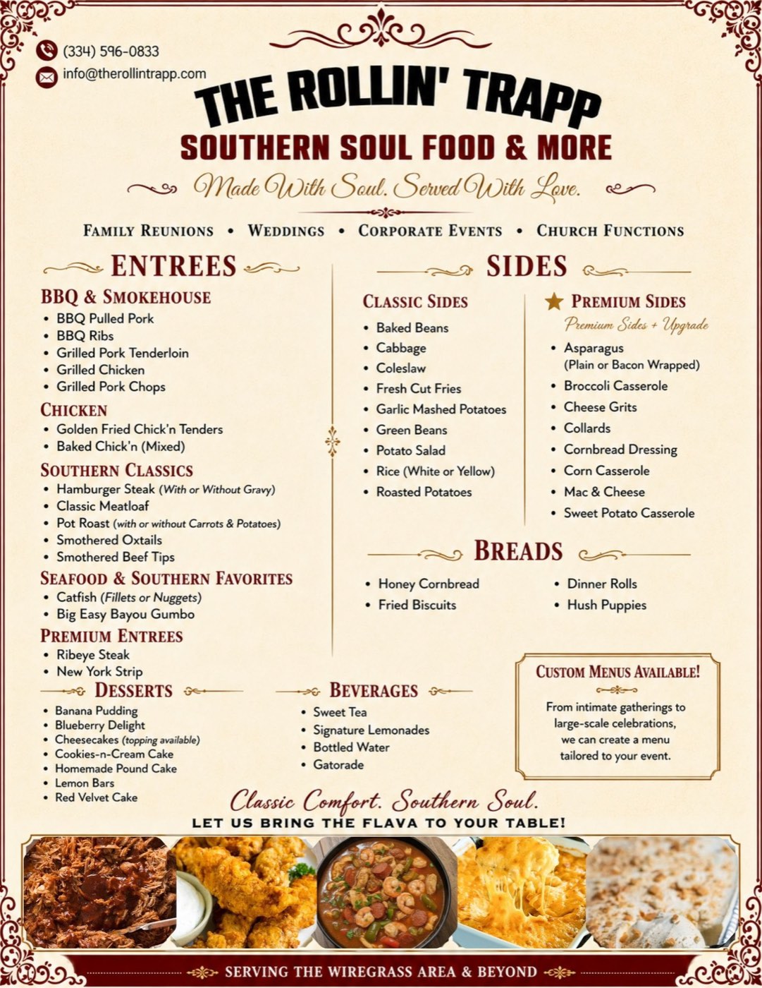 The Rollin' Trapp 2026 catering menu, listing BBQ and smokehouse entrées, chicken, Southern classics, seafood, premium entrées, classic and premium sides, breads, desserts and beverages.